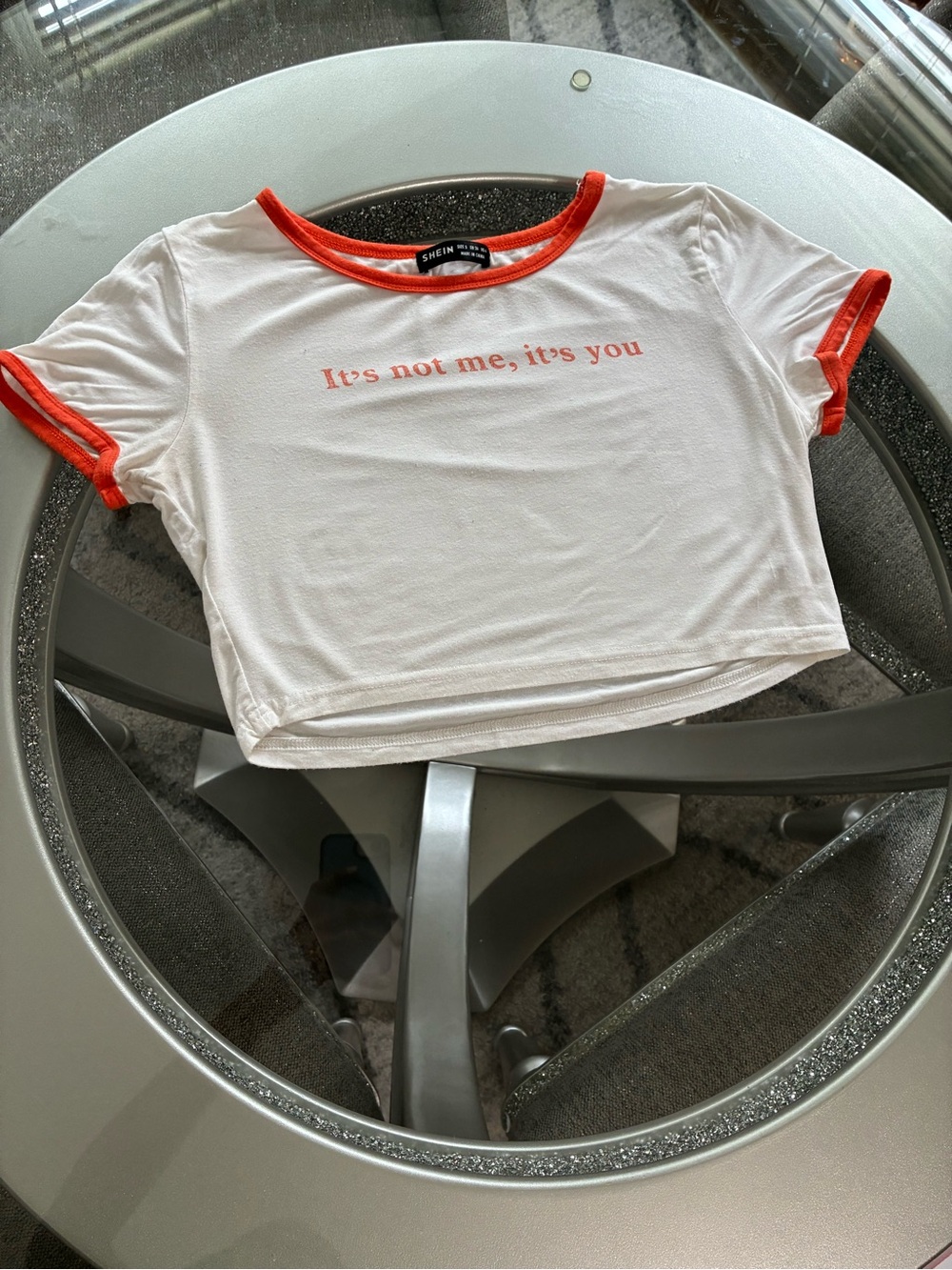 SHEIN White Cropped Tee with Orange Trim & Slogan